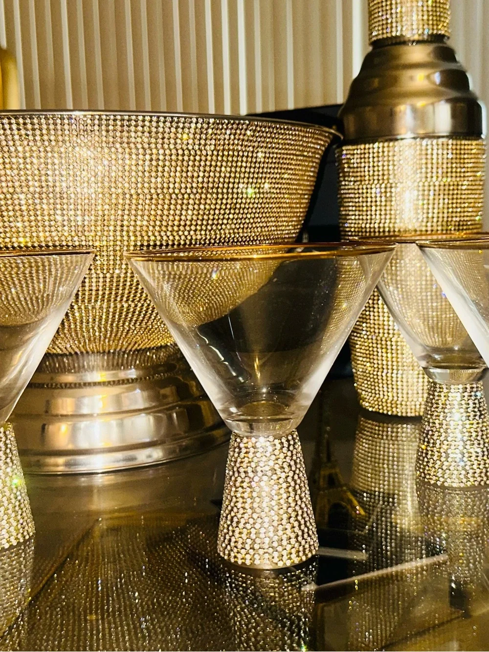 Cocktail party Set! Gold Rhinestone Champagne bucket, 4 Martini Glass & Shaker